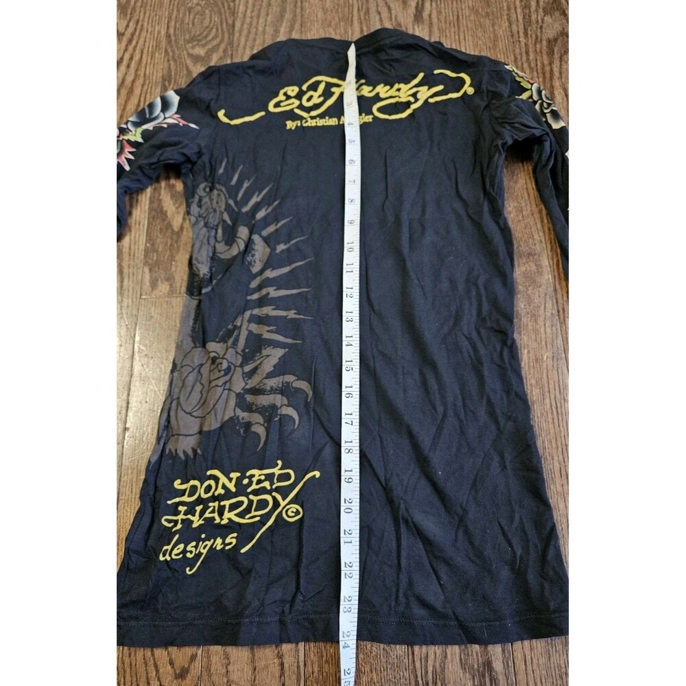 Vtg Y2K Ed Hardy Black Panther Roses Rhinestones Long Sleeve Top Size S - Picture 9 of 12